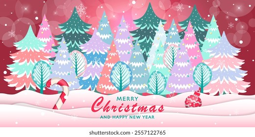 Christmas greeting card template set with Christmas trees, candy cane and Christmas ball on red gradient background. Modern Trendy Christmas Card. Perfect for banner design and festive decoration.