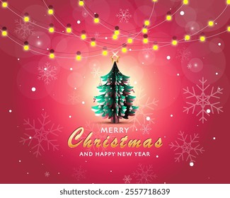 Christmas greeting card template set with Christmas tree, candy canes, neon lights and Christmas balls on red background. Modern Trendy Christmas Card. Perfect for poster and festive decoration.