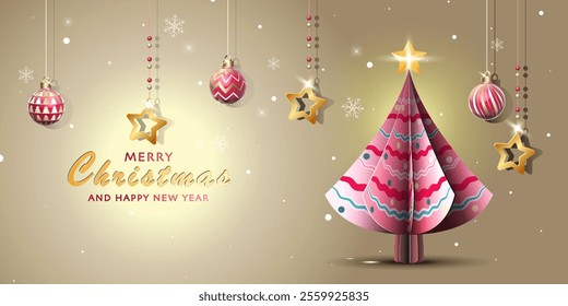 Christmas greeting card template set with paper cut-out Christmas tree, Christmas balls and golden stars on golden background. Modern Trendy Christmas Card. Perfect for banner and festive decoration.