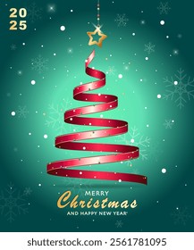 Christmas greeting card template set with red ribbon Christmas tree, golden star and snowflake on green background. Modern Trendy Christmas Card. Perfect for poster design and festive decoration.