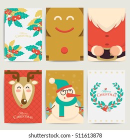 Christmas greeting card template set. Vector xmas invitation layout design. Santa, reindeer, snowman and cookie with holly elements background