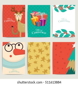 Christmas greeting card template set. Vector xmas invitation layout design. Santa, reindeer, snowman and cookie with holly elements background