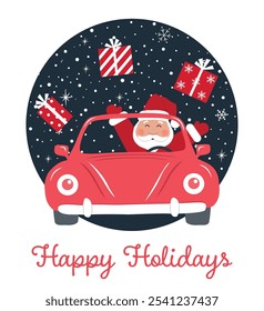 Christmas Greeting Card Template. Smiling Santa Claus in Red Car. Santa Waving His Hands. Santa Claus Scatters Christmas Gifts. Winter Vector Illustration on Dark Blue Background with Snowfall