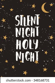 Christmas greeting card template with stars, moon and text "Silent Night, Holy Night".