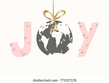Christmas greeting card template with text Joy, white and gray globe and golden ribbon on white background.