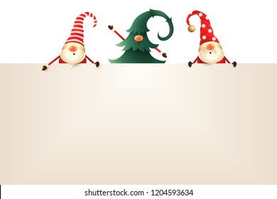 Christmas greeting card template. Three Christmas Gnomes with board on transparent background