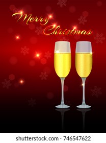 Christmas greeting card template with two glasses of champagne on a bokeh red background with snowflakes. Xmas empty banner design. Vector illustration.