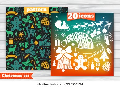 Christmas greeting card template, vector Merry Christmas collection, New Year bundle icons,  element for Christmas design. Winter holidays silhouette. Xmas decoration, classic retro icons