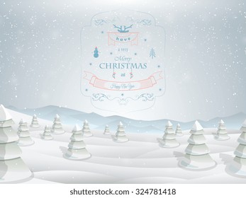 Christmas greeting card template vector illustration. Merry Christmas greetings against the background of snowed up forest, and mountains.