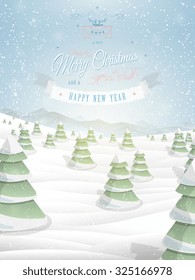 Christmas greeting card template vector illustration. Merry Christmas and Happy New Year greeting text against the background of snowed up forest, and mountains.
