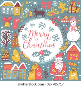 Christmas greeting card template, vector Merry Christmas. Winter holiday design, frame wreath design made of childish doodles: Santa, houses, deer, winter forest, mittens, snowman.