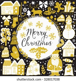 Christmas greeting card template, vector Merry Christmas. Winter holiday design, frame wreath design made of childish doodles: Santa, houses, deer, winter forest, mittens, snowman.