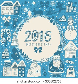 Christmas greeting card template, vector Merry Christmas. Winter holiday design, frame wreath design made of childish doodles: Santa, houses, deer, winter forest, mittens, snowman.