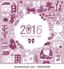 Christmas greeting card template, vector Merry Christmas. Winter holiday design, frame wreath design made of childish doodles: Santa, houses, deer, winter forest, mittens, snowman.