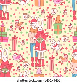 Christmas greeting card template, vector Merry Christmas.Romantic hand drawn elements.
Cute hares.