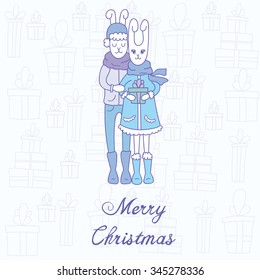Christmas greeting card template, vector Merry Christmas. Cute hares.