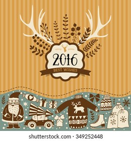 Christmas greeting card template, vector Merry Christmas. Winter holiday design, frame wreath design made of childish doodles: Santa, houses, deer, winter forest, mittens, snowman