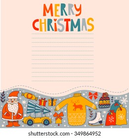 Christmas greeting card template, vector Merry Christmas. Winter holiday design, frame wreath design made of childish doodles: Santa, houses, deer, winter forest, mittens, snowman