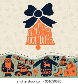 Christmas greeting card template, vector Merry Christmas. Winter holiday design, frame wreath design made of childish doodles: Santa, houses, deer, winter forest, mittens, snowman