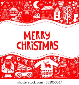 Christmas greeting card template, vector Merry Christmas. Winter holiday design, frame wreath design made of childish doodles: Santa, houses, deer, winter forest, mittens, snowman