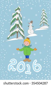 Christmas greeting card template, vector with child and snowman 2016. Happy new year postcard design with girl enjoying the holiday. Winter snow with bokeh effect.