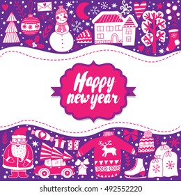 Christmas greeting card template, vector Merry Christmas. Winter holiday design, frame wreath design made of childish doodles. Santa, houses, deer, winter forest, mittens, snowman
