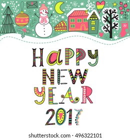 Christmas greeting card template, vector Merry Christmas. Winter holiday design, frame wreath design made of childish doodles: Santa, houses, deer, winter forest, mittens, snowman
