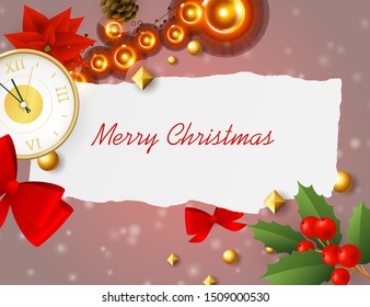 Christmas greeting card template with watch, poinsettia, lights, mistletoe on blurred red background. Vector illustration for New Year posters, invitations and postcards design