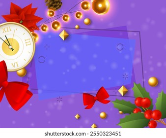 Christmas greeting card template with watch, poinsettia, lights, mistletoe on abstract purple background. Vector illustration for New Year posters, invitations and postcards design