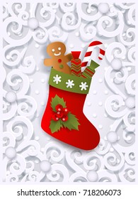 Christmas greeting card template with Xmas stocking, gingerman and candy cane, flat, paper cut vector illustration on white ornamented background. Xmas greeting card template with Christmas stocking