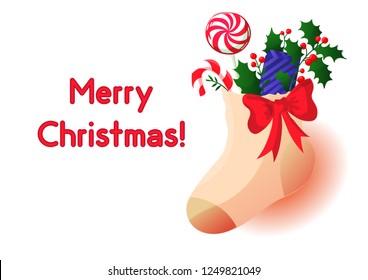 Christmas greeting card template for your design. A big christmas sock with gift, candy cane, lollipop, holly branches and bow. Text Merry Christmas. Editable flat vector illustration