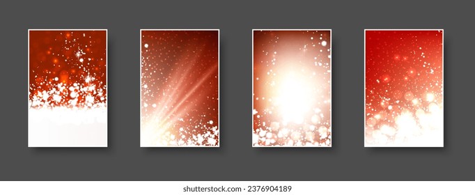 Christmas greeting card templates. Empty red winter paper mock up with snow. New year flat lay, top view, copy space. Vector illustration.