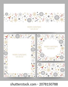 Christmas greeting card templates. Floral frames with beautiful snowflakes and with place for text. Holiday frame with evergreen fir tree branches, holly berries. Elegant pattern, vector illustration.