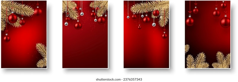 Christmas greeting card templates. Red winter paper mock up with golden fir branches and christmas balls. New year flat lay, top view, copy space. Vector illustration.