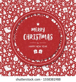 Christmas greeting card with text and festive pattern. Xmas decoration. Vector