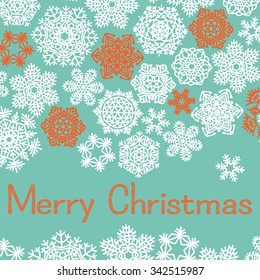 Christmas greeting card with text Merry Christmas and snowflakes. White ang terracotta, orange  snowflakes on turquoise  background. Pastel vector illustration