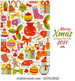 Christmas greeting card with text Merry Xmas and many winter doodle toys. Vector illustration.