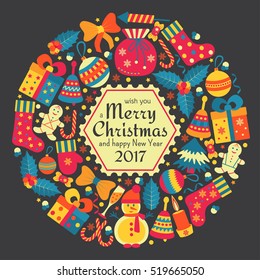 Christmas greeting card with text Merry Xmas and many winter doodle toys. Wreath shape. Colorful vector illustration.