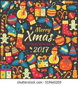 Christmas greeting card with text Merry Xmas and many winter doodle toys. Vector illustration.