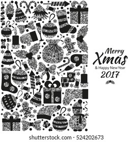 Christmas greeting card with text Merry Xmas and many winter golden toys. Vector illustration.