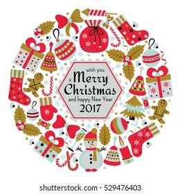 Christmas greeting card with text Merry Xmas and many winter doodle toys. Wreath shape. Vector illustration.