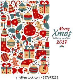 Christmas greeting card with text Merry Xmas and many winter doodle toys. Vector illustration.