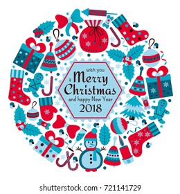 Christmas greeting card with text Merry Xmas and many winter doodle toys. Wreath shape. Vector illustration.