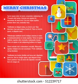 Christmas greeting card with text and set of holiday icons on red textured background vector illustration