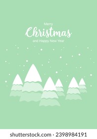 Christmas greeting card with text and Christmas trees in pastel green colors. Flat vector illustration