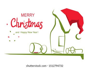 Christmas greeting card with text. Vector cartoon illustration of holiday table with alcohol and Santa hat isolated on white.