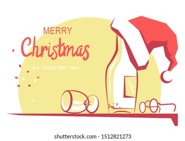 Christmas greeting card with text. Vector color cartoon illustration of holiday table with alcohol and Santa hat isolated on white.