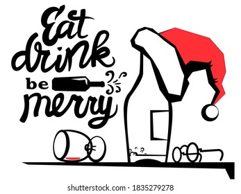 Christmas greeting card with text. Vector black graphic illustration of christmas holiday table with alcohol and Santa hat on bottle isolated on white.