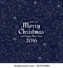 Christmas greeting card with text wish you a Merry Christmas and many winter doodles. Santa, toys, cookies, snowmen, fir, candies, socks, gifts, bows, snowflakes, stars, blue, hollies, mittens, blue