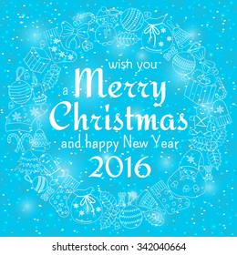 Christmas greeting card with text wish you a Merry Christmas and wreath with many winter doodles. Santa, toys, cookies, snowmen, fir, candies, socks, gifts, bows, snowflakes, hollies, mittens, blue